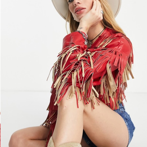 ASOS DESIGN Fringe Faux Leather Jacket Red - Picture 4 of 4